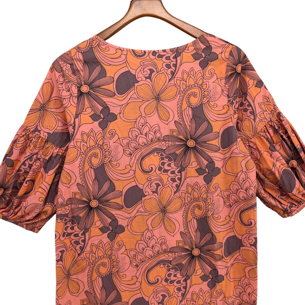 Bryn Walker Mini Shirt Dress Orange Pink Floral Puff Sleeve Peasant Boho Size S - Picture 4 of 9